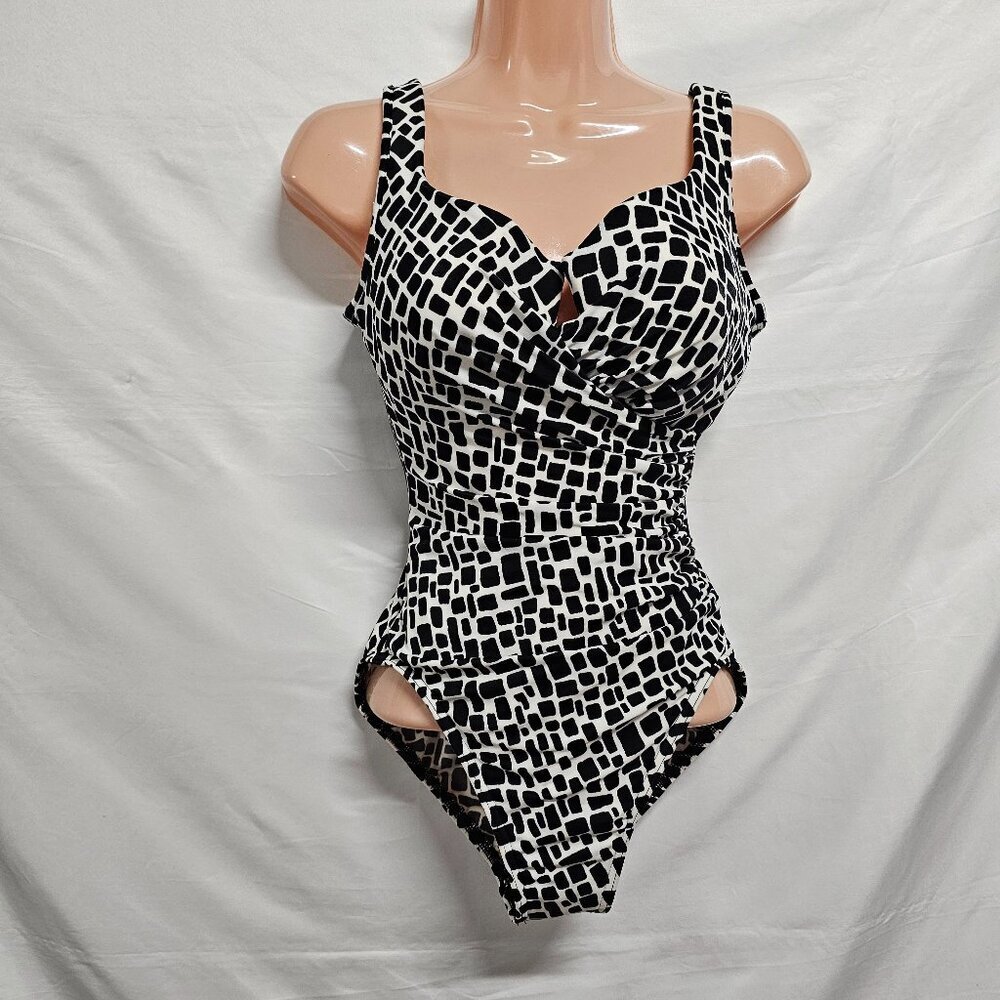 Miraclesuit Escape One Piece Swimsuit Women Size 10 Black White U Wire - Picture 2 of 14